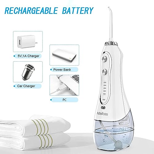 H2ofloss Water Dental Flosser Portable Dental Oral Irrigator with 5 Modes, 6 Replaceable Jet Tips, Rechargeable IPX7 Waterproof Teeth Cleaner for Home and Travel -300ml Detachable Reservoir (HF-6) H2ofloss