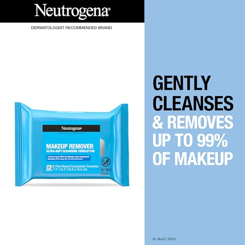 Neutrogena Makeup Remover Wipes, Ultra-Soft Cleansing Facial Towelettes for Waterproof Makeup, Alcohol-Free, Plant-Based, Twin Pack, 25 Count (Pack of 2) Neutrogena