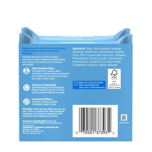 Neutrogena Makeup Remover Wipes, Ultra-Soft Cleansing Facial Towelettes for Waterproof Makeup, Alcohol-Free, Plant-Based, Twin Pack, 25 Count (Pack of 2) Neutrogena