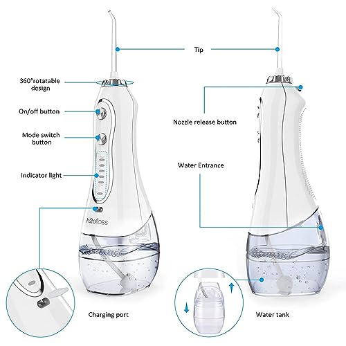 H2ofloss Water Dental Flosser Portable Dental Oral Irrigator with 5 Modes, 6 Replaceable Jet Tips, Rechargeable IPX7 Waterproof Teeth Cleaner for Home and Travel -300ml Detachable Reservoir (HF-6) H2ofloss