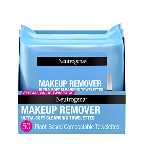 Neutrogena Makeup Remover Wipes, Ultra-Soft Cleansing Facial Towelettes for Waterproof Makeup, Alcohol-Free, Plant-Based, Twin Pack, 25 Count (Pack of 2) Neutrogena