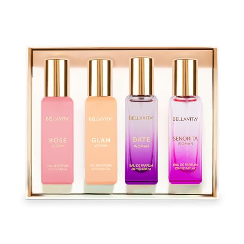 Bella Vita Luxury Eau De Parfum Set for Women (4x20 mL) with Date, Senorita, Glam, Rose | Vanilla, Floral, Sweet, Musk | Perfect for trials, gifting, or blending to craft your unique fragrance Bella Vita Luxury