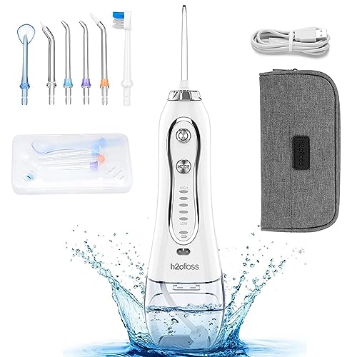 H2ofloss Water Dental Flosser Portable Dental Oral Irrigator with 5 Modes, 6 Replaceable Jet Tips, Rechargeable IPX7 Waterproof Teeth Cleaner for Home and Travel -300ml Detachable Reservoir (HF-6) H2ofloss