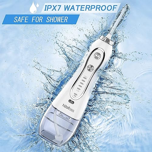 H2ofloss Water Dental Flosser Portable Dental Oral Irrigator with 5 Modes, 6 Replaceable Jet Tips, Rechargeable IPX7 Waterproof Teeth Cleaner for Home and Travel -300ml Detachable Reservoir (HF-6) H2ofloss