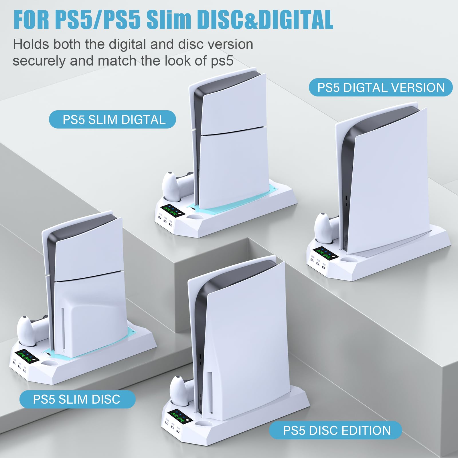 PS5 / PS5 Slim Stand and Cooling Station with Dual Controller Charging Station for PlayStation 5 Console, PS5 Accessories Incl. Controller Charger, Cooling Fan, Headset Holder, 3 USB Hub, Screw-White CYKOARMOR