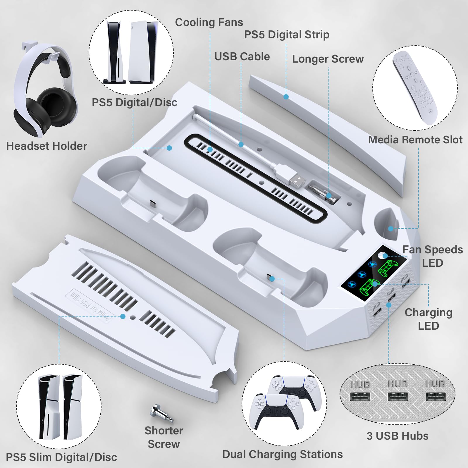 PS5 / PS5 Slim Stand and Cooling Station with Dual Controller Charging Station for PlayStation 5 Console, PS5 Accessories Incl. Controller Charger, Cooling Fan, Headset Holder, 3 USB Hub, Screw-White CYKOARMOR