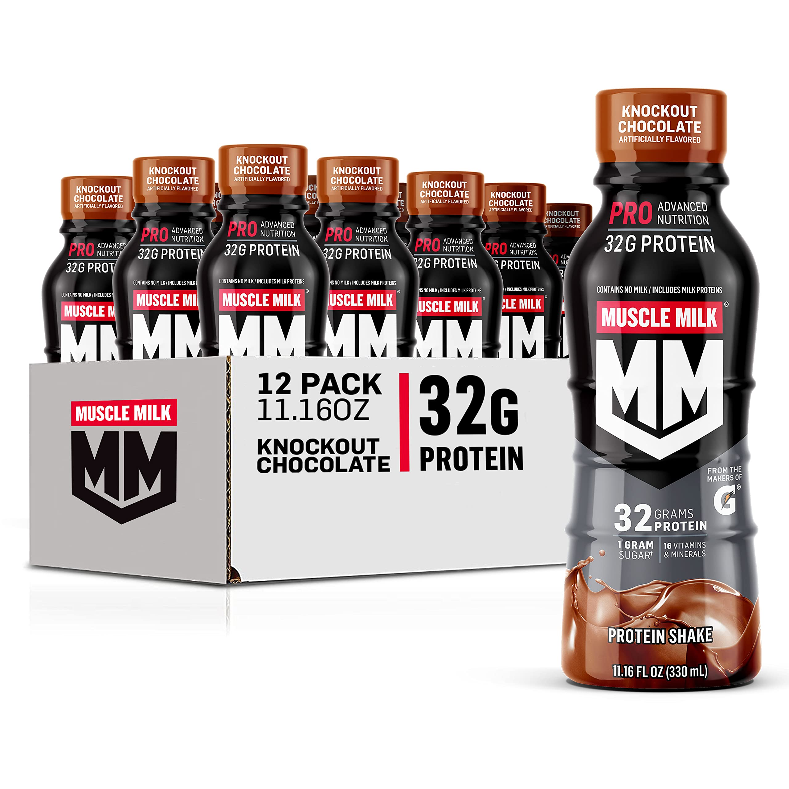 Muscle Milk Pro Advanced Nutrition Protein Shake, Knockout Chocolate, 11.16 Fl Oz (Pack of 12), 32g Protein, 1g Sugar, 16 Vitamins & Minerals, 5g Fiber, Workout Recovery, Energizing Snack, Packaging May Vary Muscle Milk