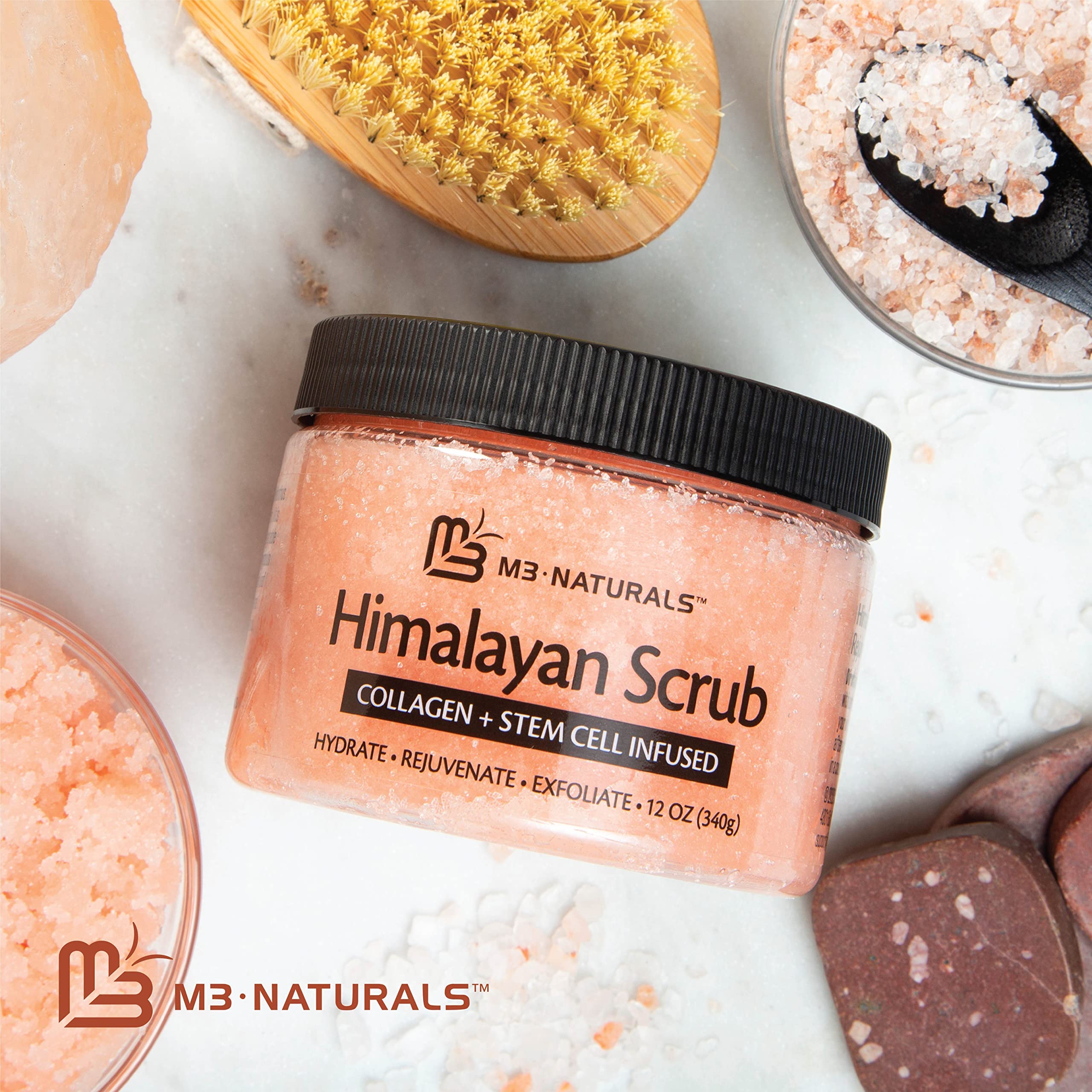 Himalayan Salt Scrub Face Foot & Body Exfoliator Infused with Collagen and Stem Cell Natural Exfoliating Salt Body Scrub for Toning Cellulite Skin Care by M3 Naturals M3 Naturals